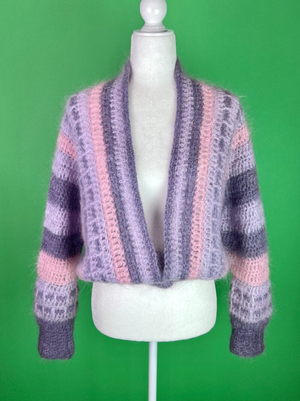 Vintage Hand Crocheted Lavender Pink Mohair Cardigan Sweater Size Medium